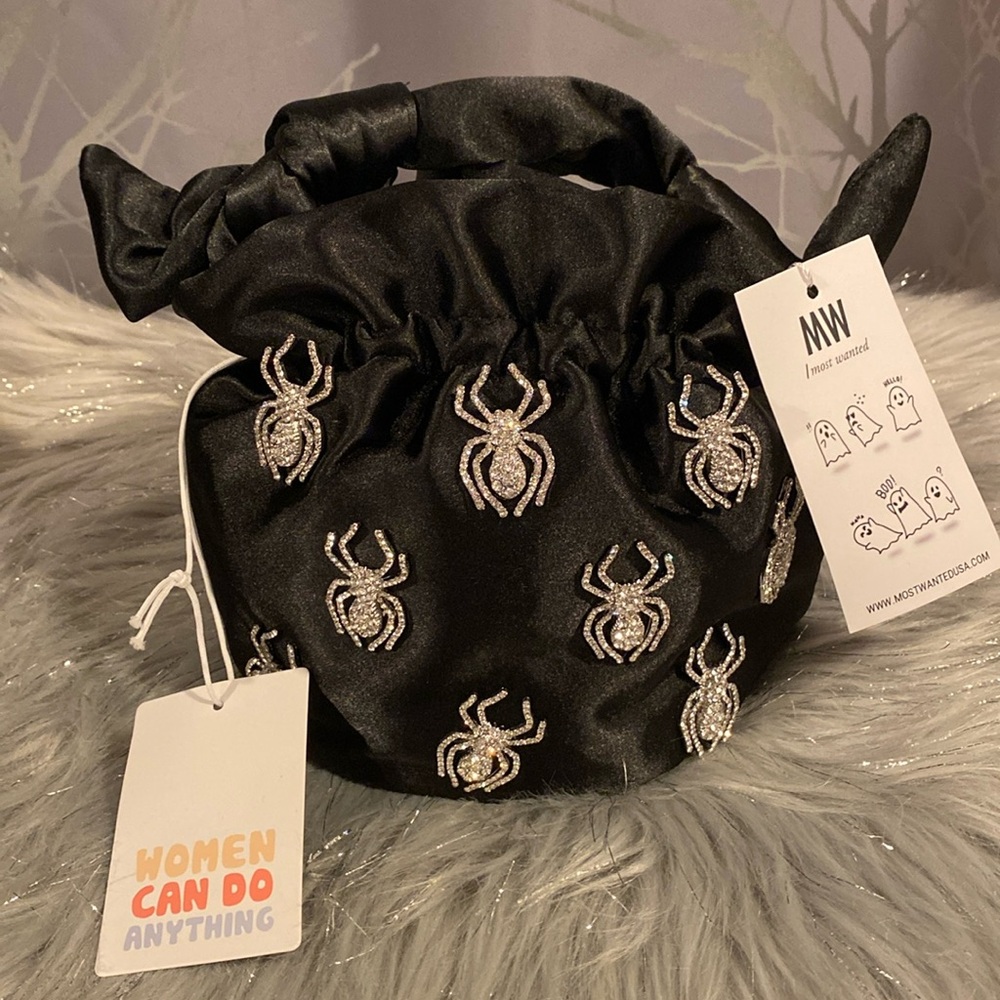BNWT MOST WANTED Satin Rhinestone Halloween Spider Bucket Crossbody Bag